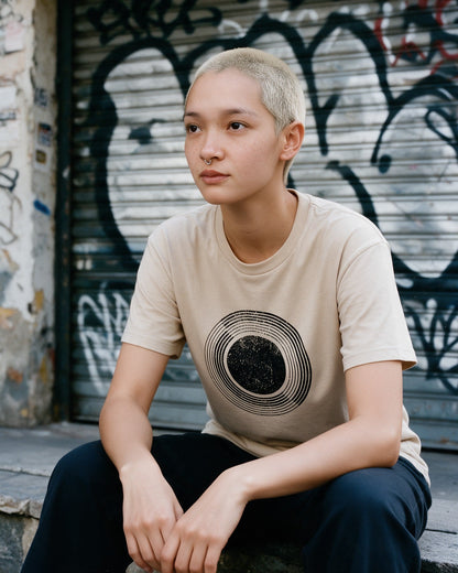 Celestial Sphere T-Shirt in Sand worn on the street — Urban Kong