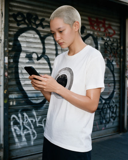 Celestial Sphere T-Shirt in White worn on the street — Urban Kong