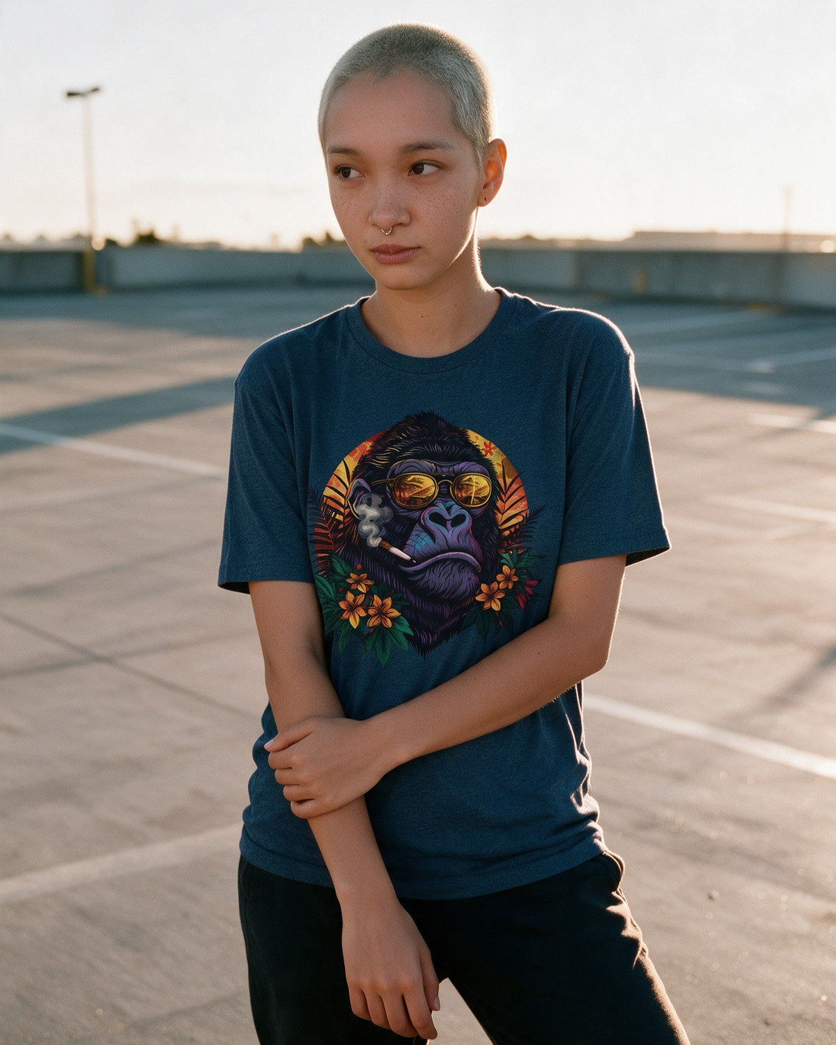 Chill Kong T-Shirt in Heather Indigo worn on the street — Urban Kong