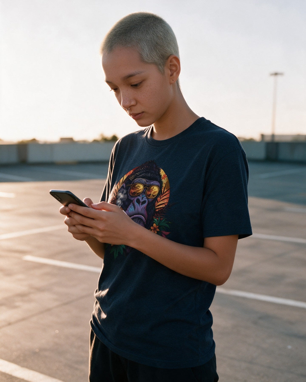Chill Kong T-Shirt in Heather Navy worn on the street — Urban Kong