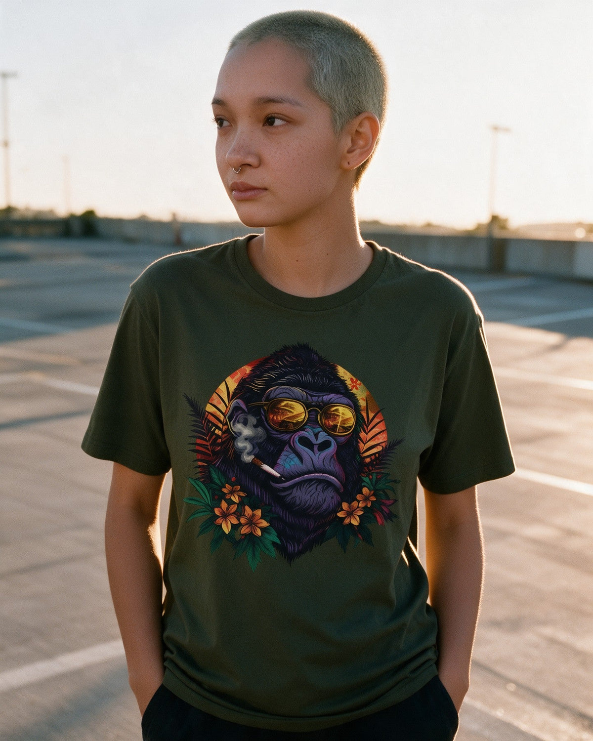 Chill Kong T-Shirt in Military Green worn on the street — Urban Kong