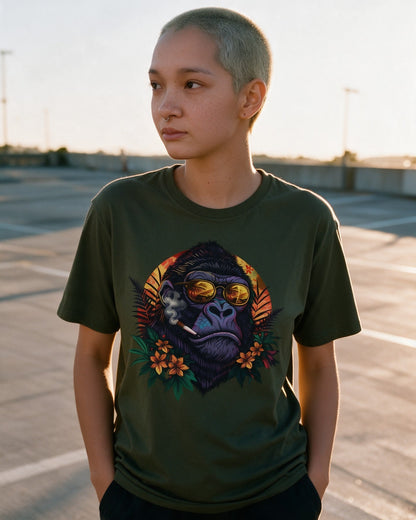 Chill Kong T-Shirt in Military Green worn on the street — Urban Kong
