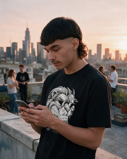 Chimera Shades T-Shirt in Black worn on the street — Urban Kong