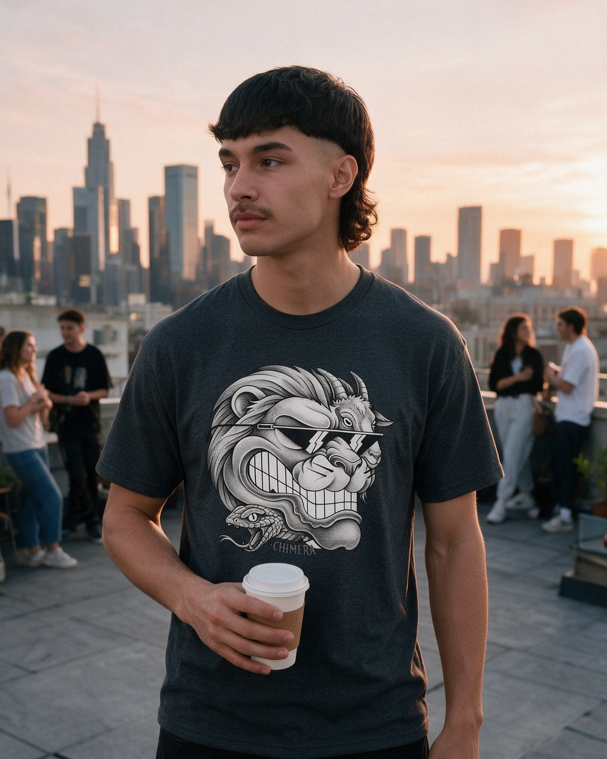 Chimera Shades T-Shirt in Dark Heather worn on the street — Urban Kong