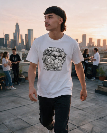 Chimera Shades T-Shirt in White worn on the street — Urban Kong