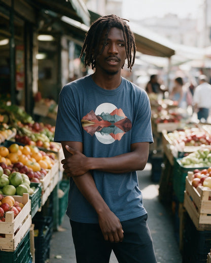 Color Drift T-Shirt in Heather Indigo worn on the street — Urban Kong