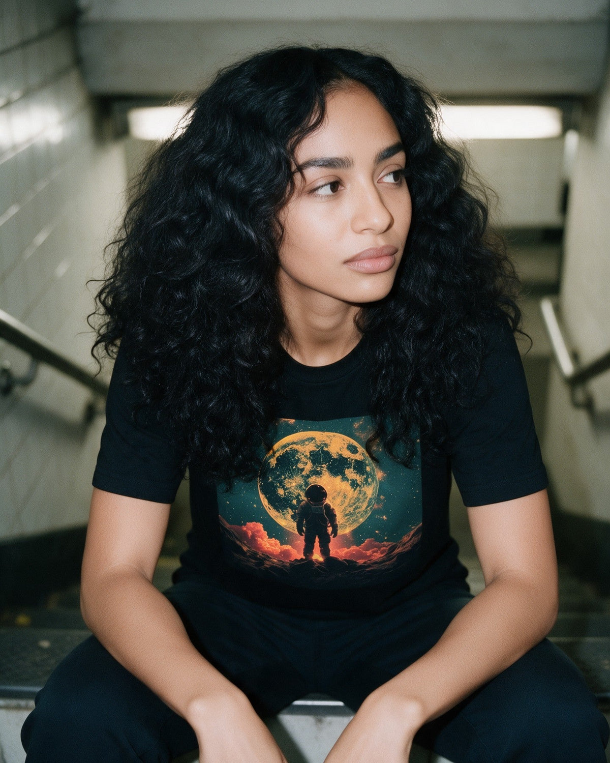 Cosmic Jungle T-Shirt in Black worn on the street — Urban Kong