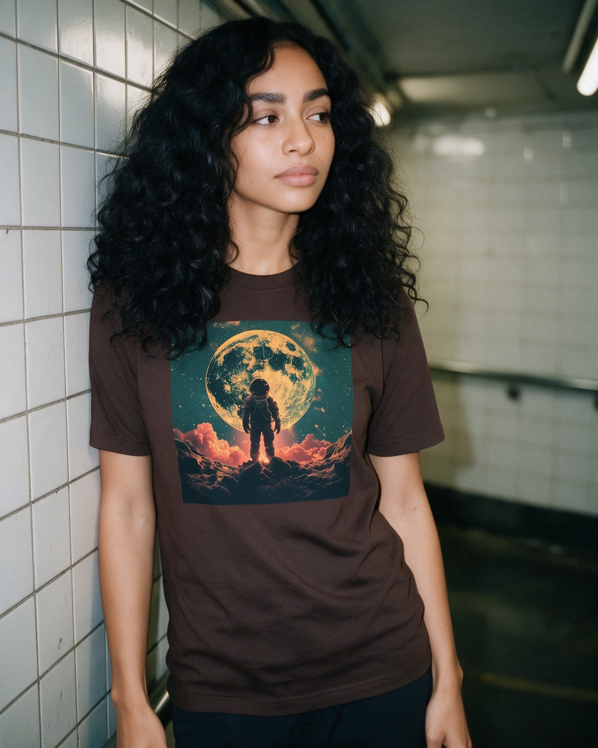 Cosmic Jungle T-Shirt in Dark Chocolate worn on the street — Urban Kong