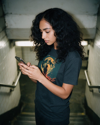 Cosmic Jungle T-Shirt in Dark Heather worn on the street — Urban Kong
