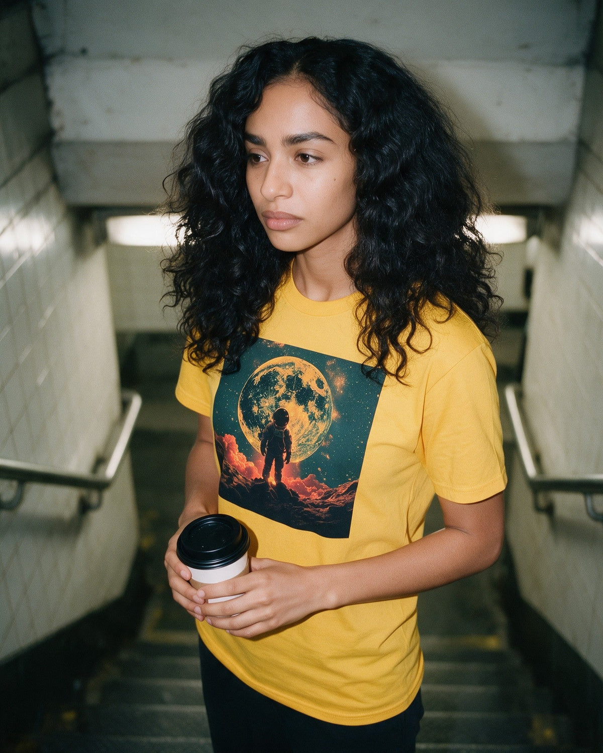 Cosmic Jungle T-Shirt in Gold worn on the street — Urban Kong