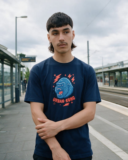 Blu Kong T-shirt in Navy worn on the street — Urban Kong