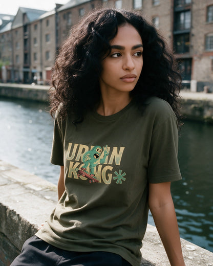 Old Urban Kong T-Shirt in Military Green worn on the street — Urban Kong