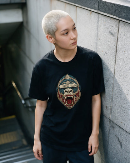 Roccocò Mask T-Shirt in Black worn on the street — Urban Kong