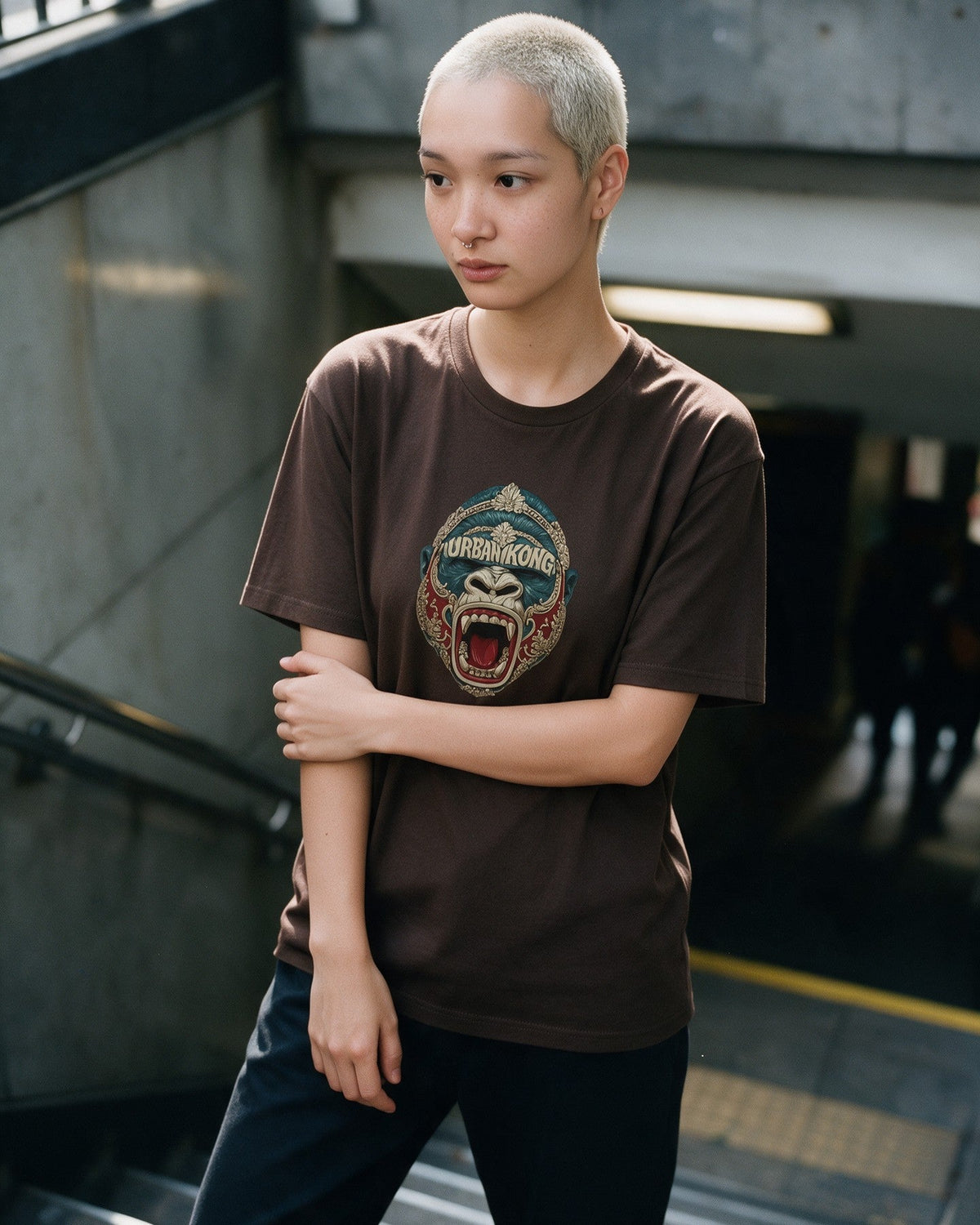Roccocò Mask T-Shirt in Dark Chocolate worn on the street — Urban Kong