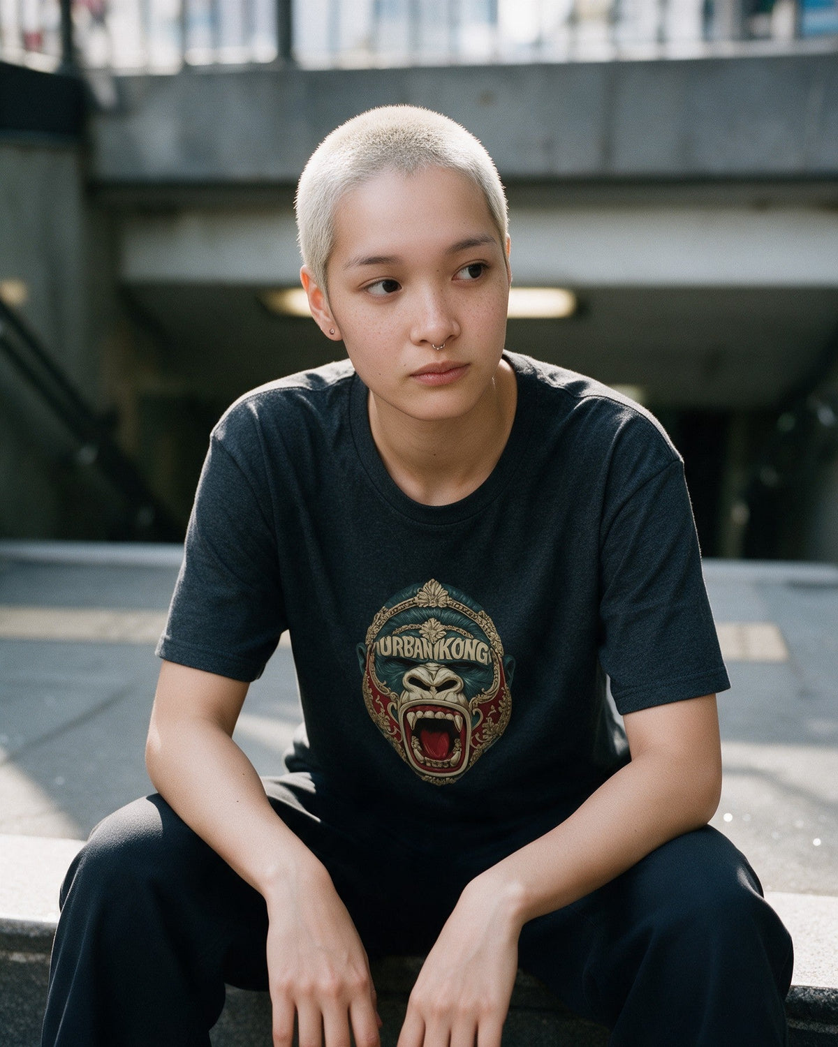 Roccocò Mask T-Shirt in Dark Heather worn on the street — Urban Kong