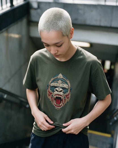 Roccocò Mask T-Shirt in Military Green worn on the street — Urban Kong