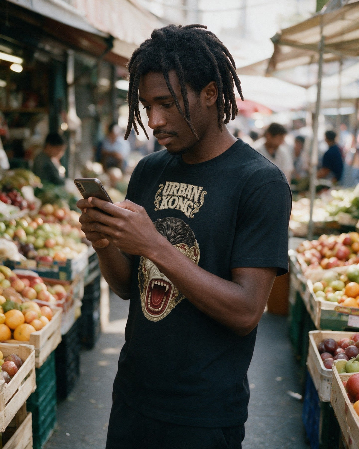 Baroque mask T-Shirt in Black worn on the street — Urban Kong