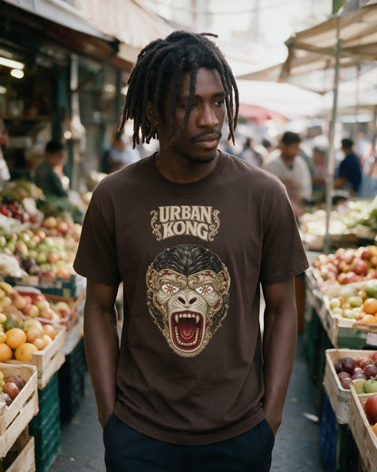 Baroque mask T-Shirt in Dark Chocolate worn on the street — Urban Kong