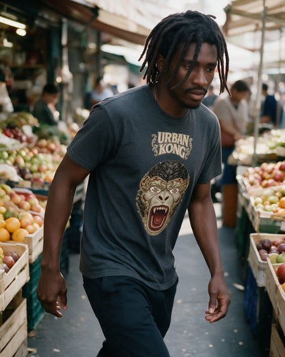 Baroque mask T-Shirt in Dark Heather worn on the street — Urban Kong