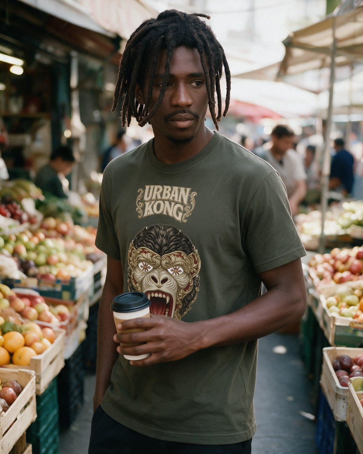 Baroque mask T-Shirt in Military Green worn on the street — Urban Kong
