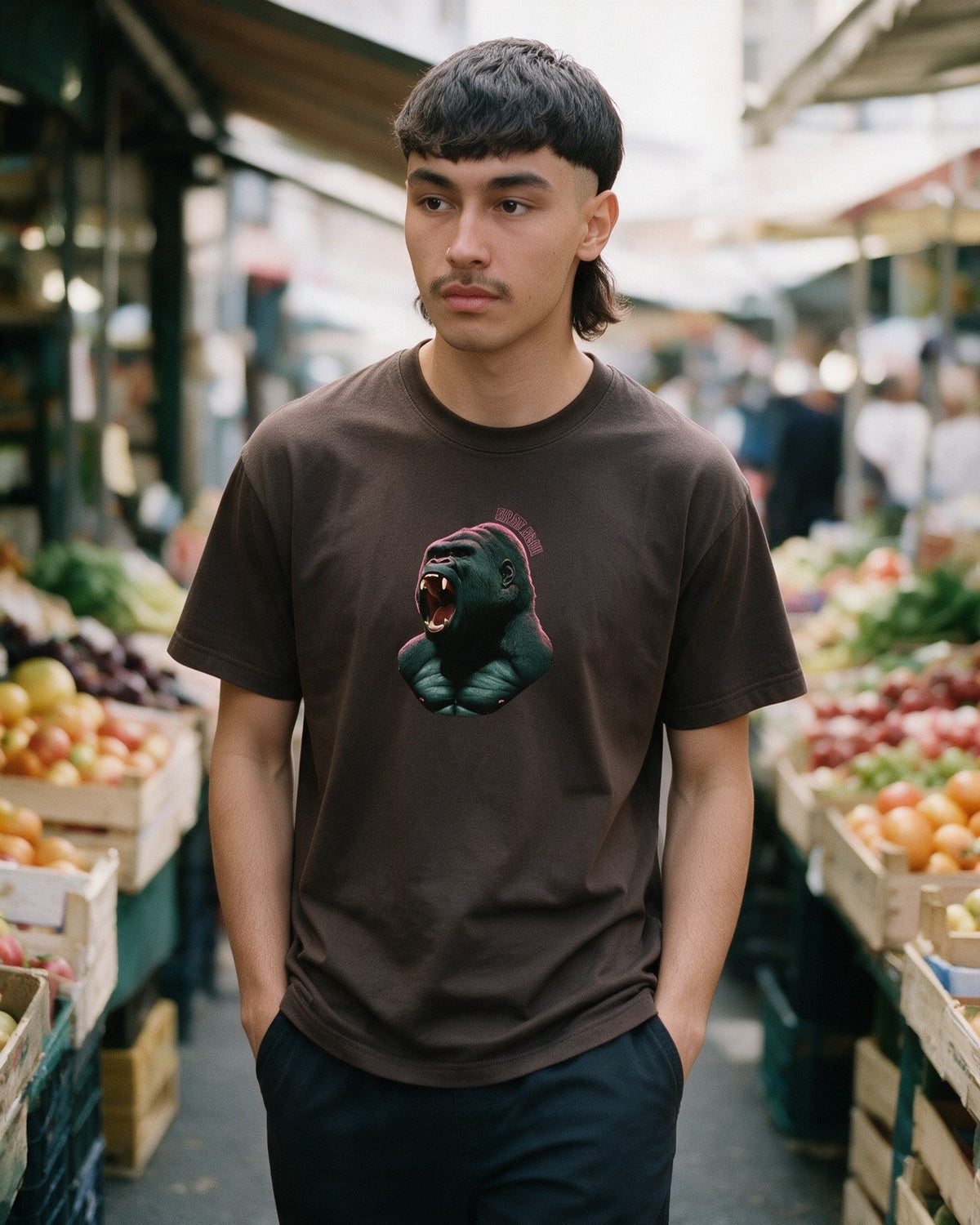 Black Kong T-shirt in Dark Chocolate worn on the street — Urban Kong