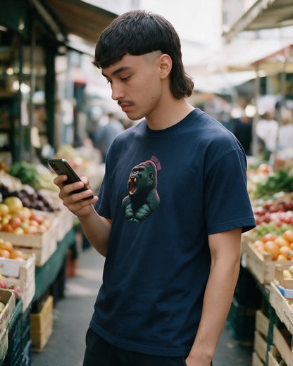 Black Kong T-shirt in Navy worn on the street — Urban Kong