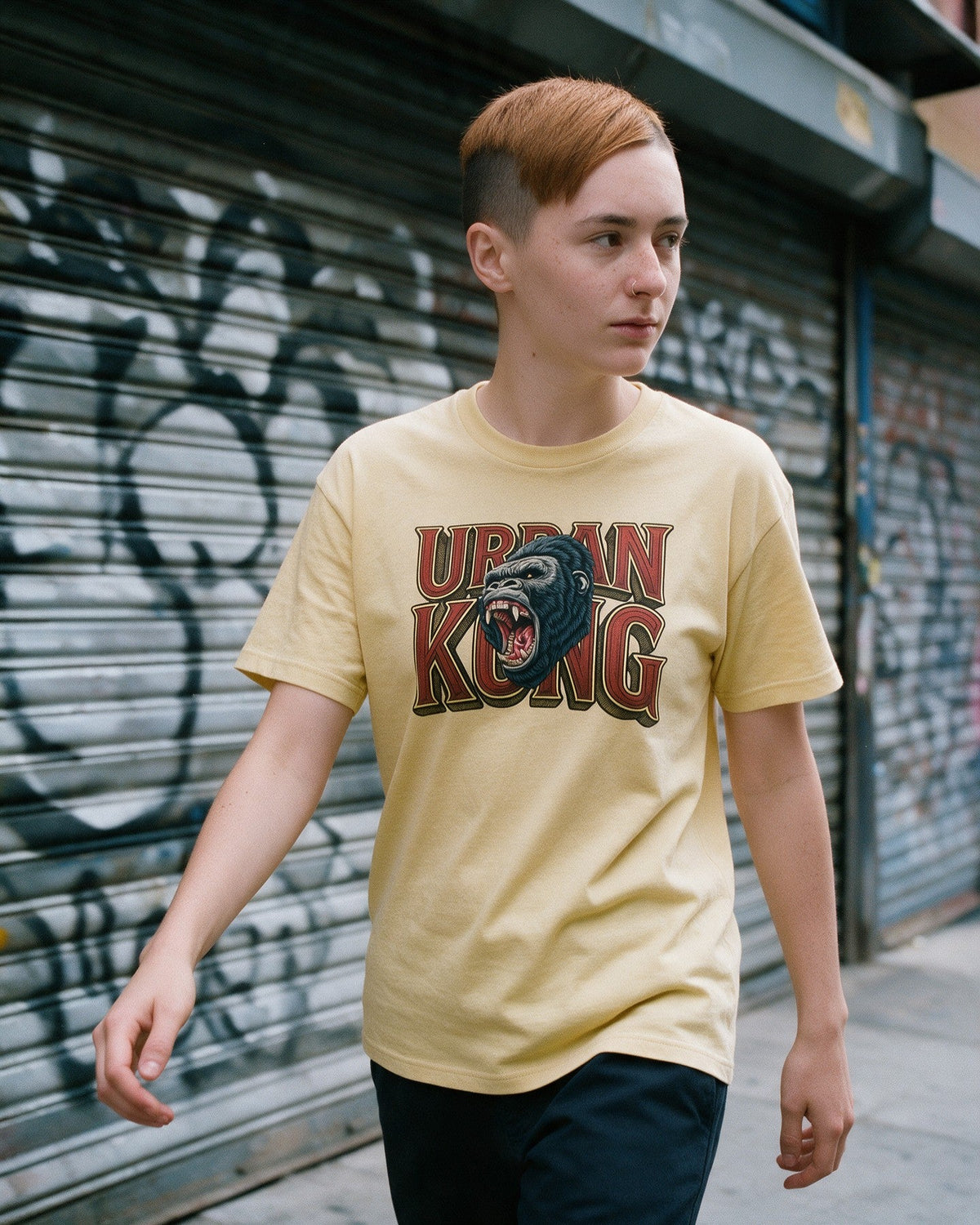 Urban Kong T-Shirt in Cornsilk worn on the street — Urban Kong