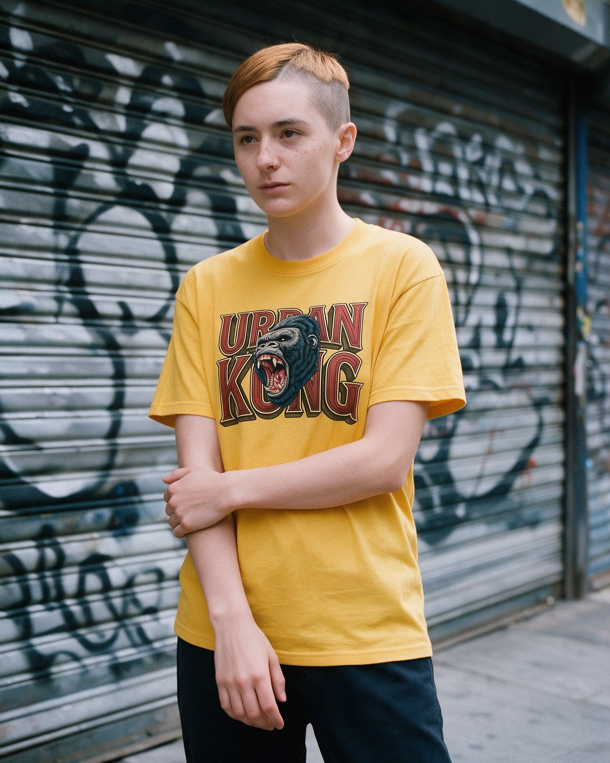 Urban Kong T-Shirt in Gold worn on the street — Urban Kong
