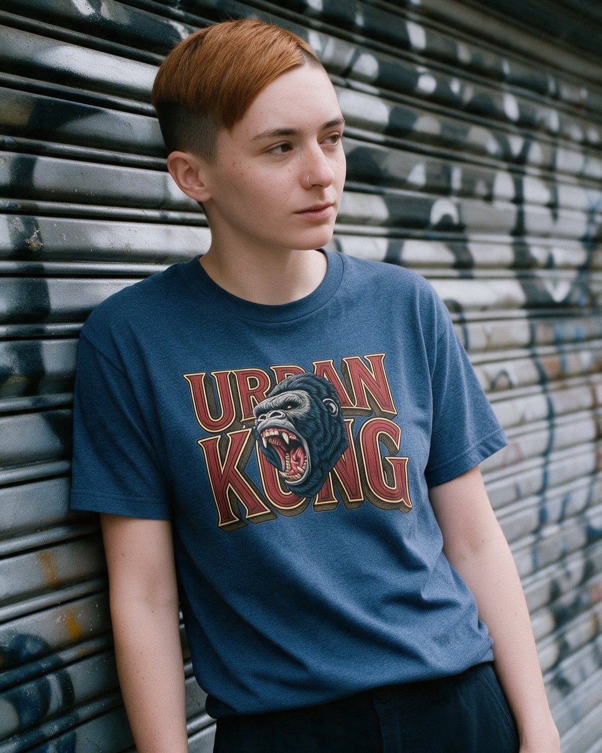 Urban Kong T-Shirt in Heather Indigo worn on the street — Urban Kong