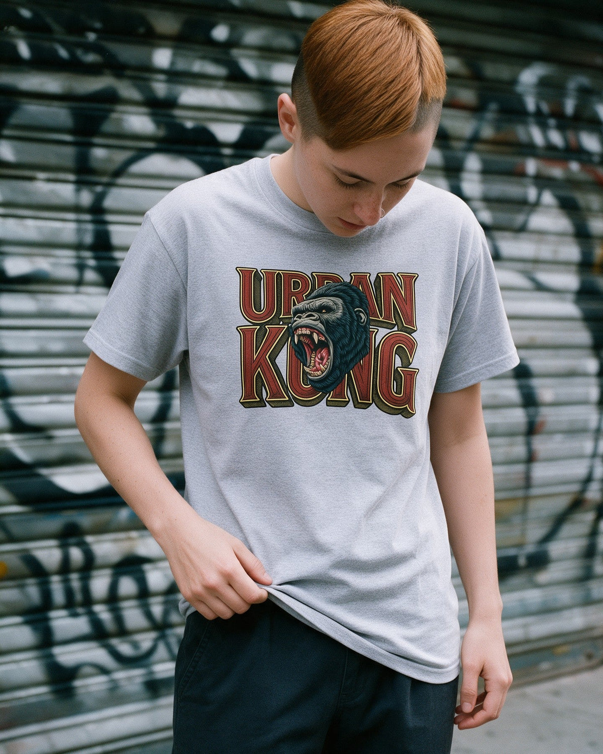 Urban Kong T-Shirt in Ice Grey worn on the street — Urban Kong