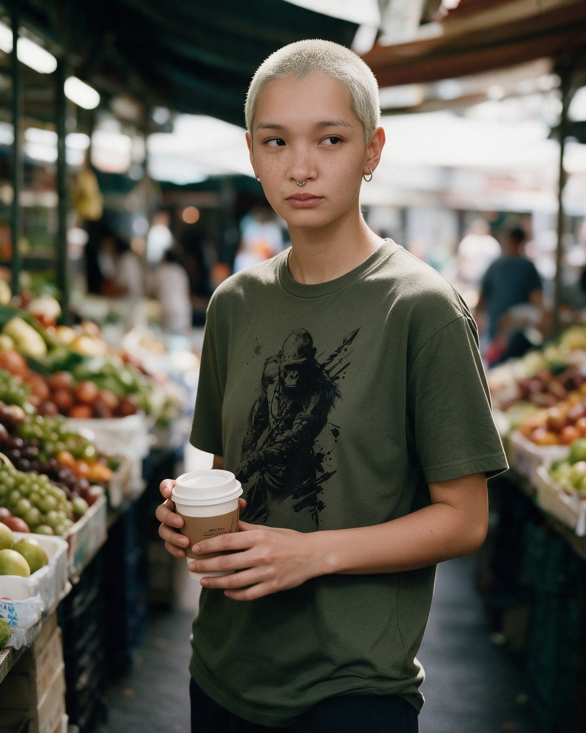 Primal Defender T-Shirt in Military Green worn on the street — Urban Kong