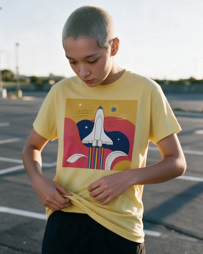 Cosmic Trip T-Shirt in Daisy worn on the street — Urban Kong