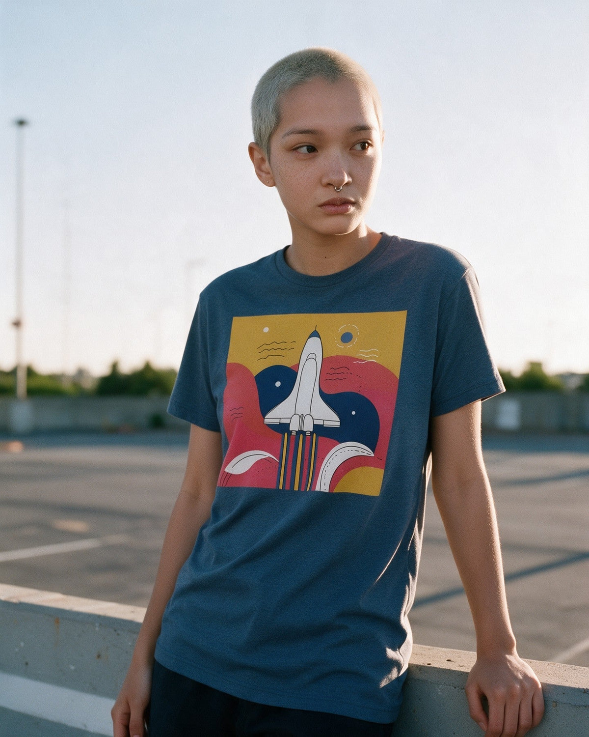 Cosmic Trip T-Shirt in Heather Indigo worn on the street — Urban Kong
