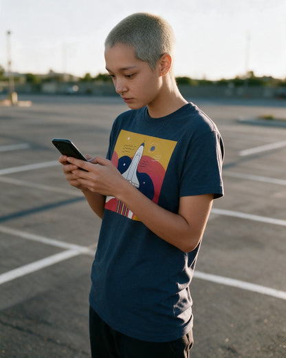 Cosmic Trip T-Shirt in Heather Navy worn on the street — Urban Kong