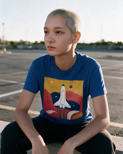 Cosmic Trip T-Shirt in Royal worn on the street — Urban Kong