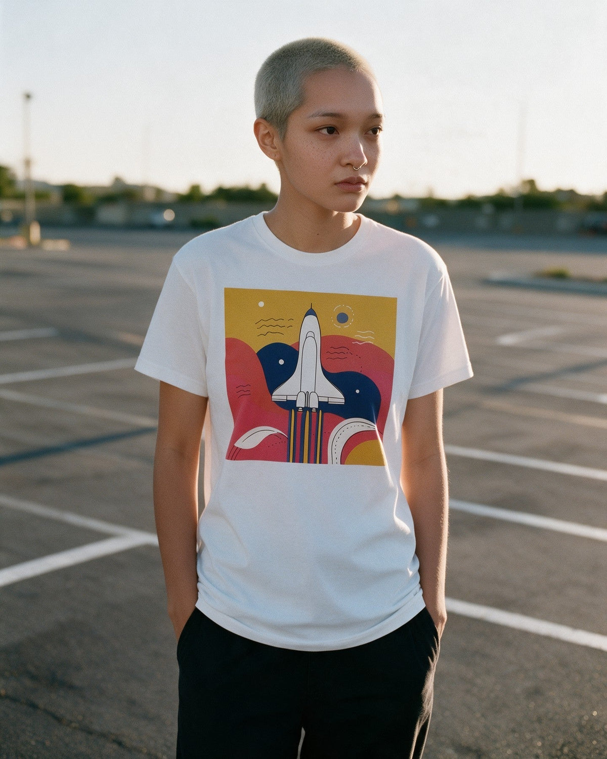 Cosmic Trip T-Shirt in White worn on the street — Urban Kong