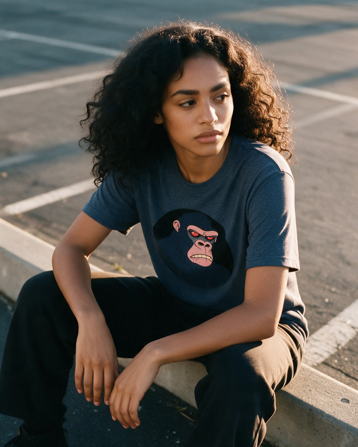 Cranky Kong T-Shirt in Heather Navy worn on the street — Urban Kong