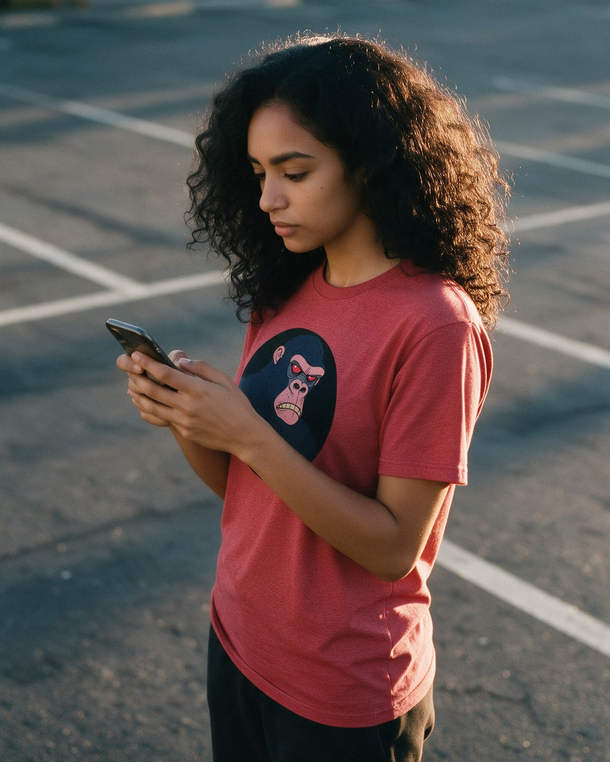 Cranky Kong T-Shirt in Heather Red worn on the street — Urban Kong