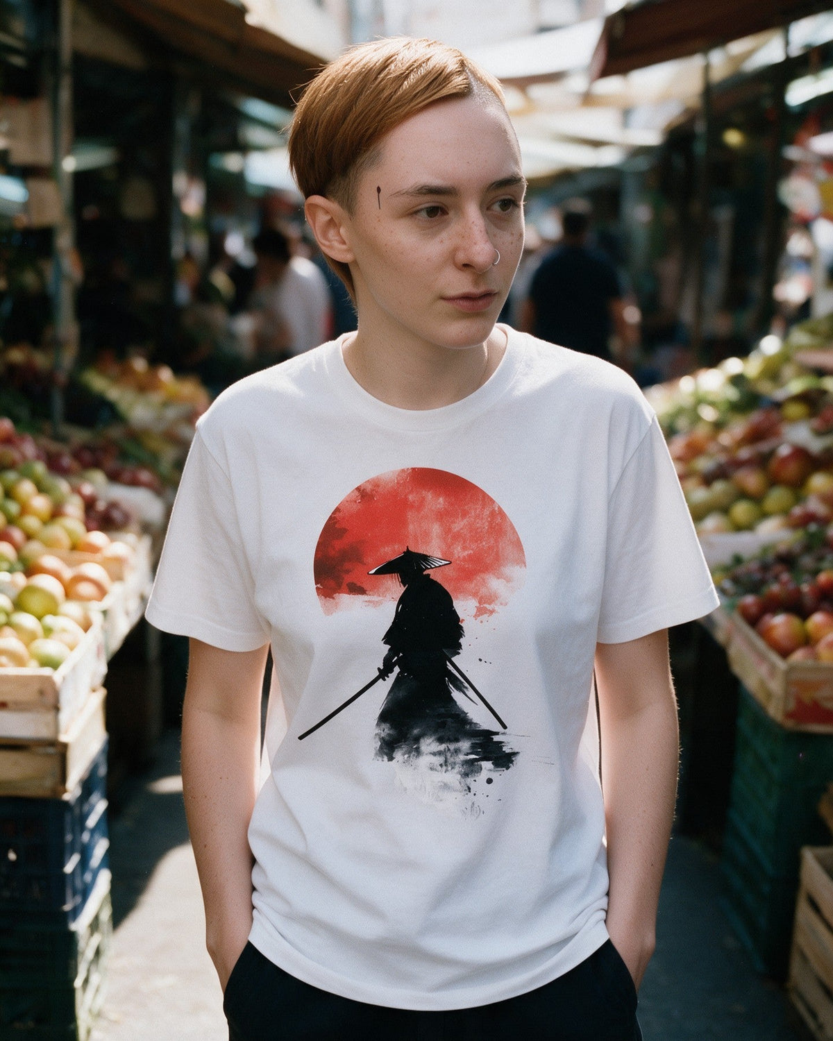 Crimson Warrior T-Shirt in White worn on the street — Urban Kong