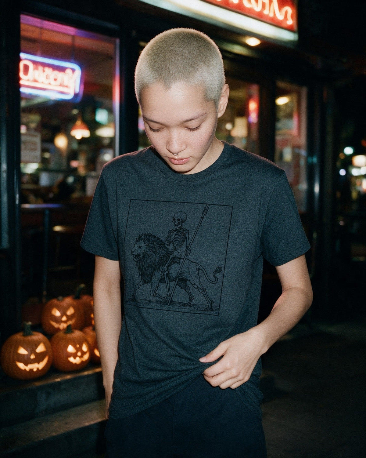 Death and Majesty T-Shirt in Dark Heather worn on the street — Urban Kong