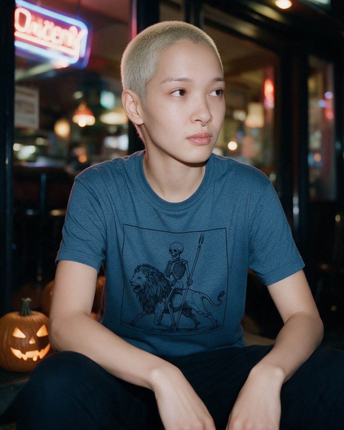 Death and Majesty T-Shirt in Heather Indigo worn on the street — Urban Kong