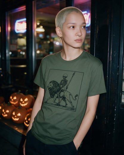 Death and Majesty T-Shirt in Military Green worn on the street — Urban Kong