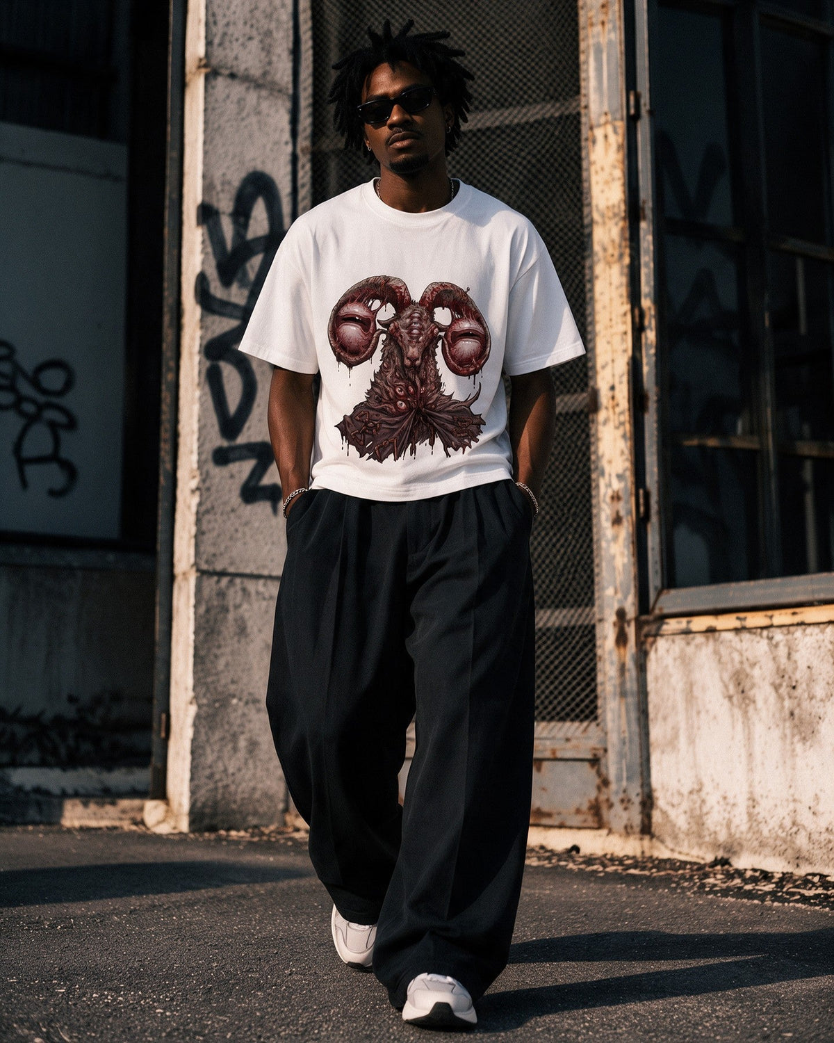 Devil Goat T-Shirt in White worn on the street — Urban Kong