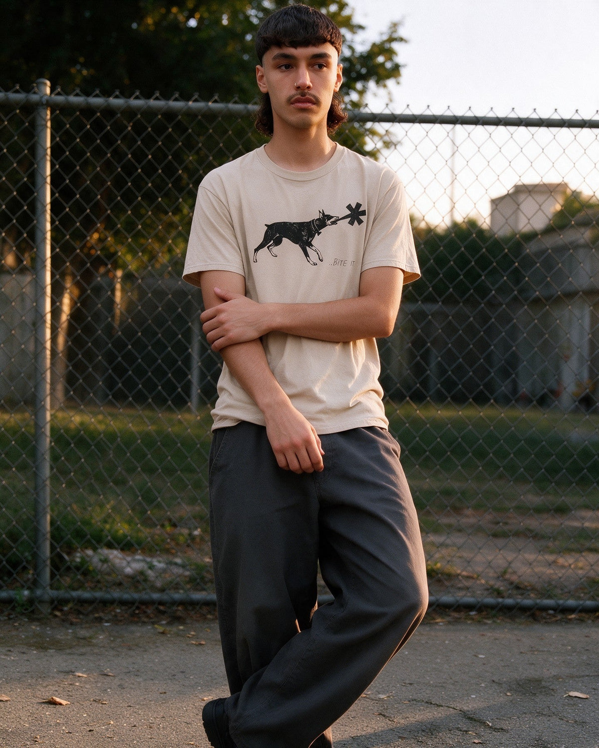 Dober Bite T-Shirt in Sand worn on the street — Urban Kong