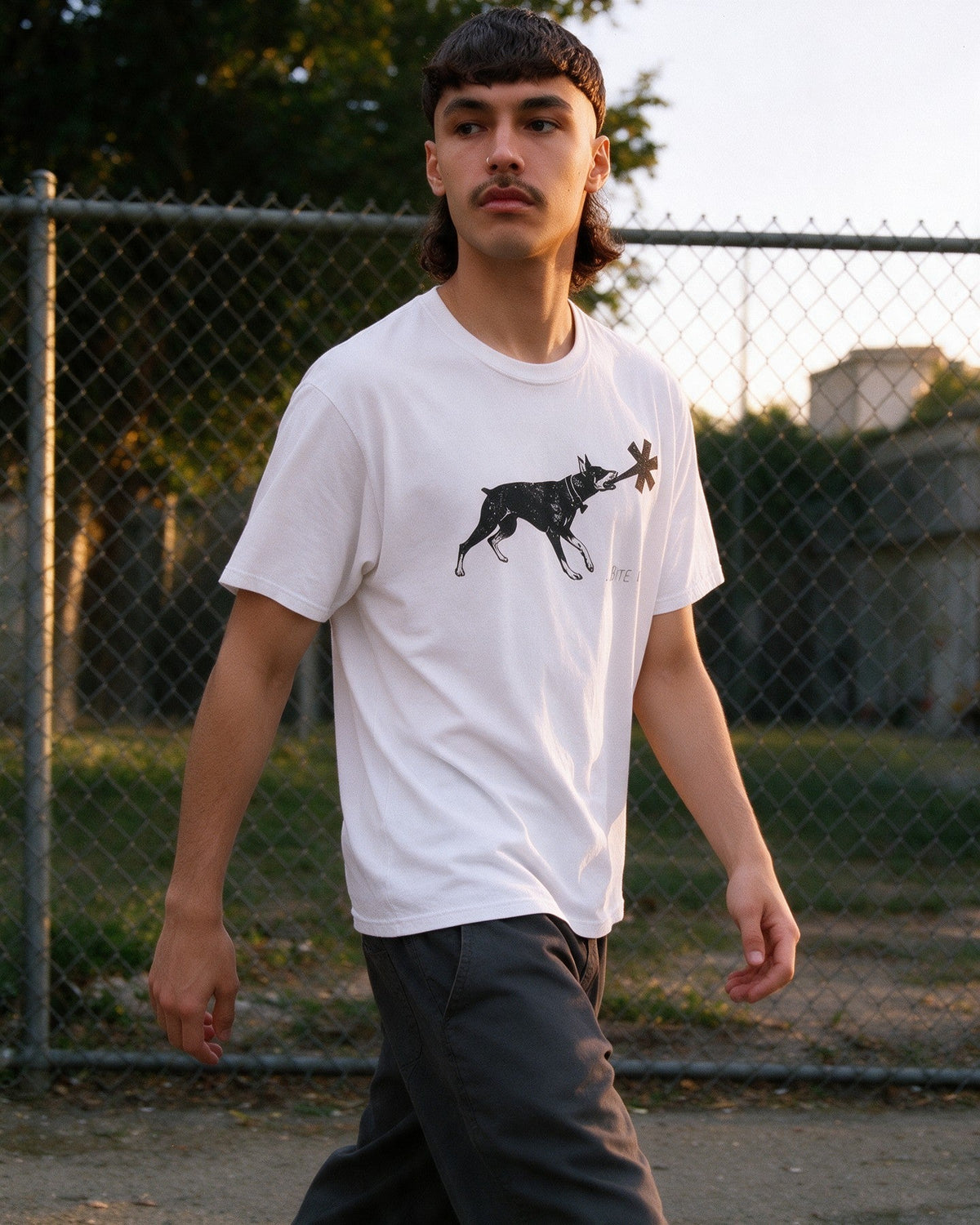 Dober Bite T-Shirt in White worn on the street — Urban Kong
