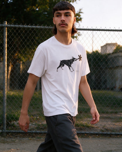 Dober Bite T-Shirt in White worn on the street — Urban Kong