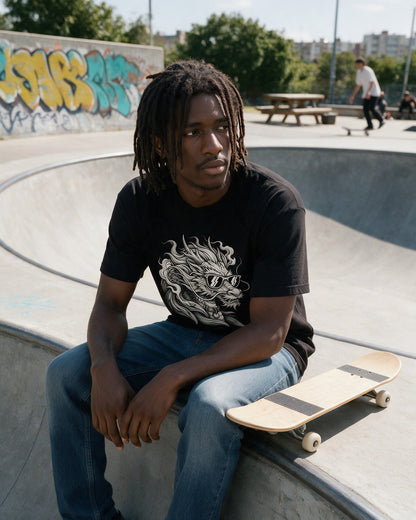 Dragon Shades T-Shirt in Black worn on the street — Urban Kong
