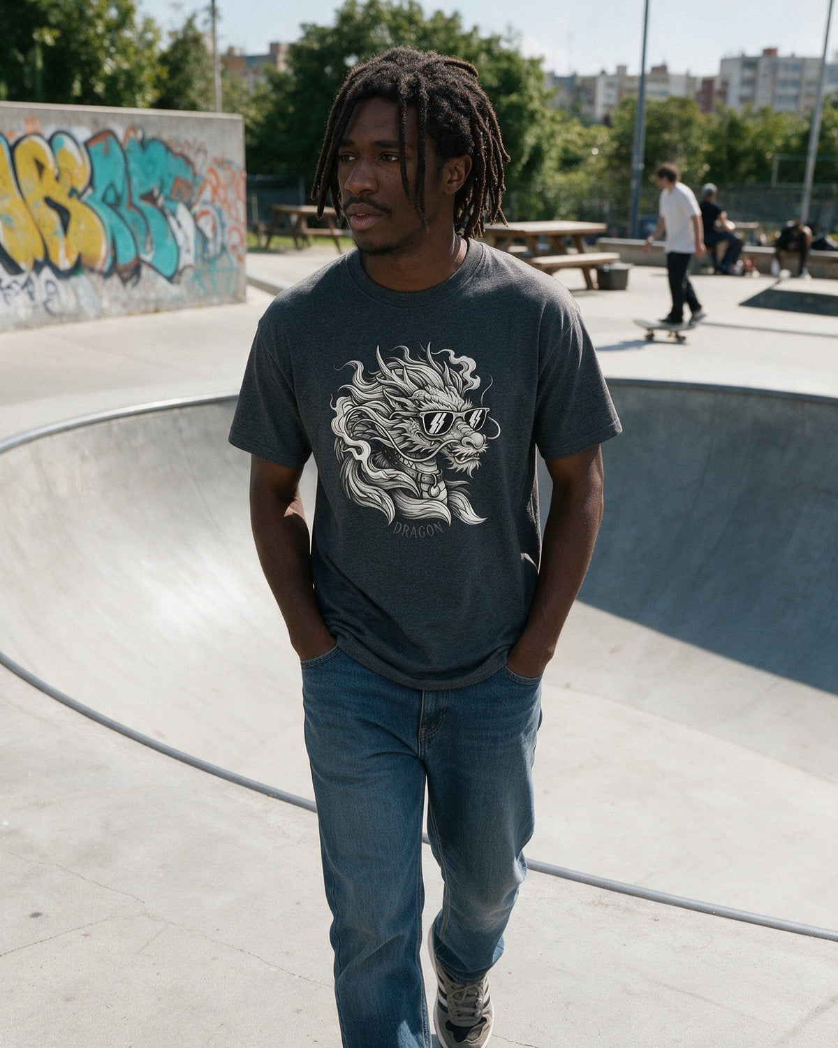Dragon Shades T-Shirt in Dark Heather worn on the street — Urban Kong