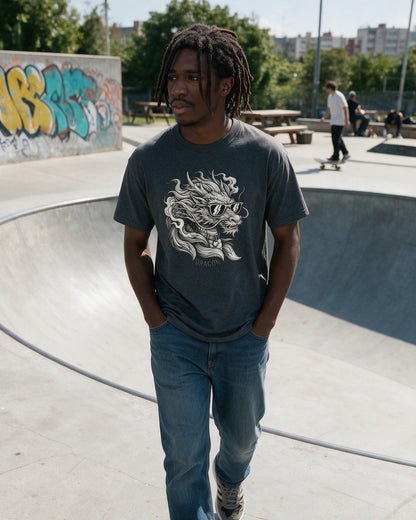 Dragon Shades T-Shirt in Dark Heather worn on the street — Urban Kong
