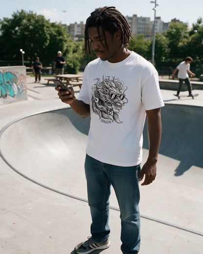 Dragon Shades T-Shirt in White worn on the street — Urban Kong